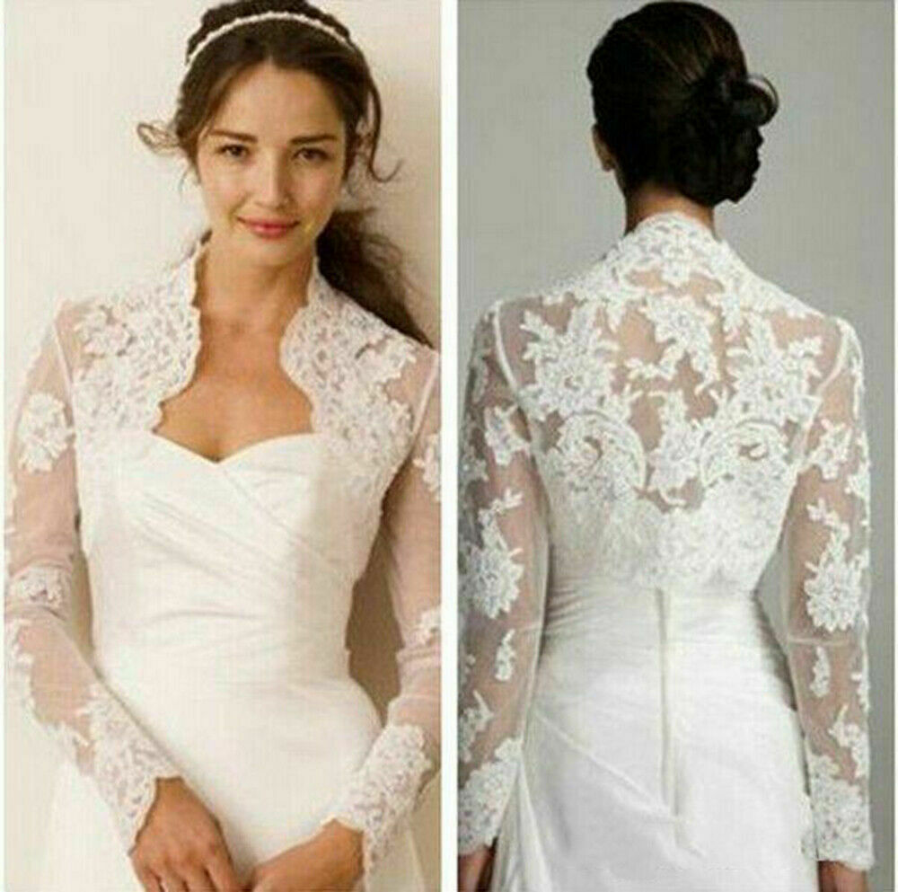 Long Sleeve Lace Appliques Short Bridal Jacket Wedding Bolero Shrugs Cape Wrap