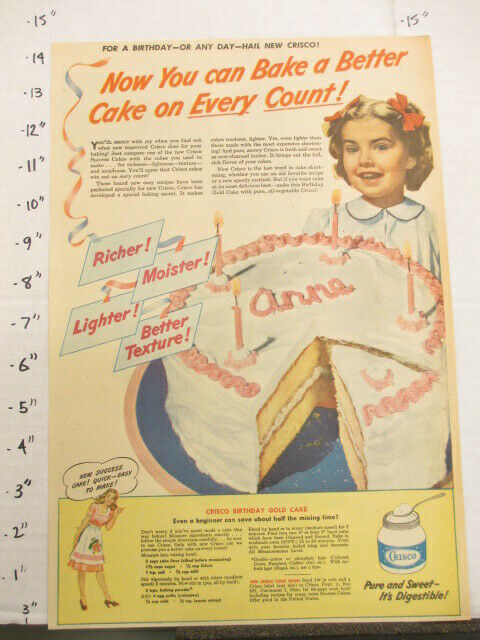 Newspaper Ad 1945 American Weekly Crisco Child Birthday Cake Candles Baking