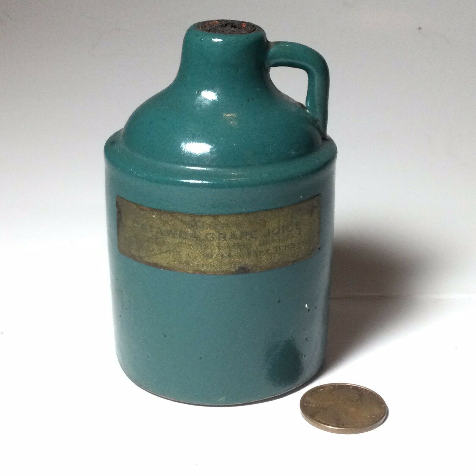Vtg Uhl Pottery Miniature Jug-meiers Catawba Grape Juice-teal Green Uhl