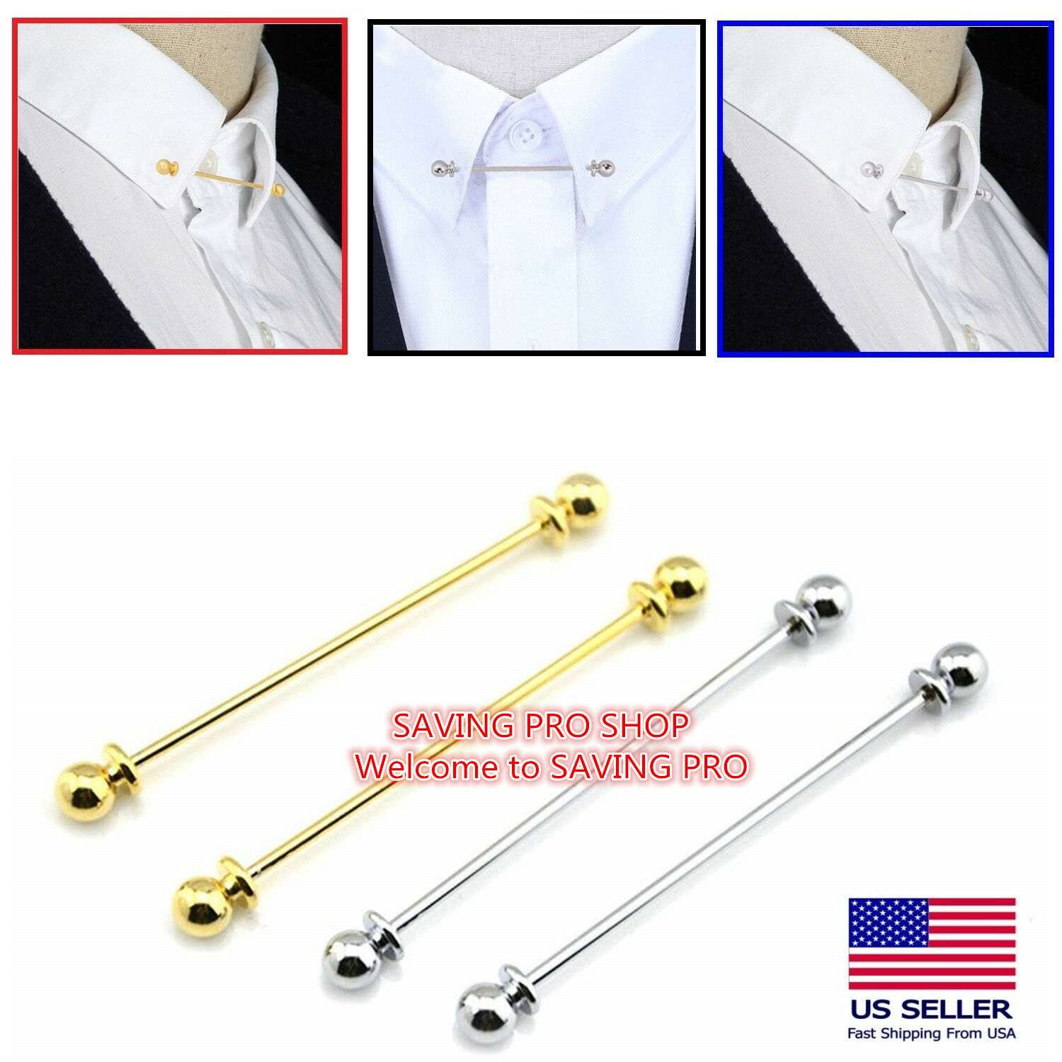 Men Necktie Shirt Collar Pin Round End Tie Clip Clasp Pin Bar Brooch Gift Silver