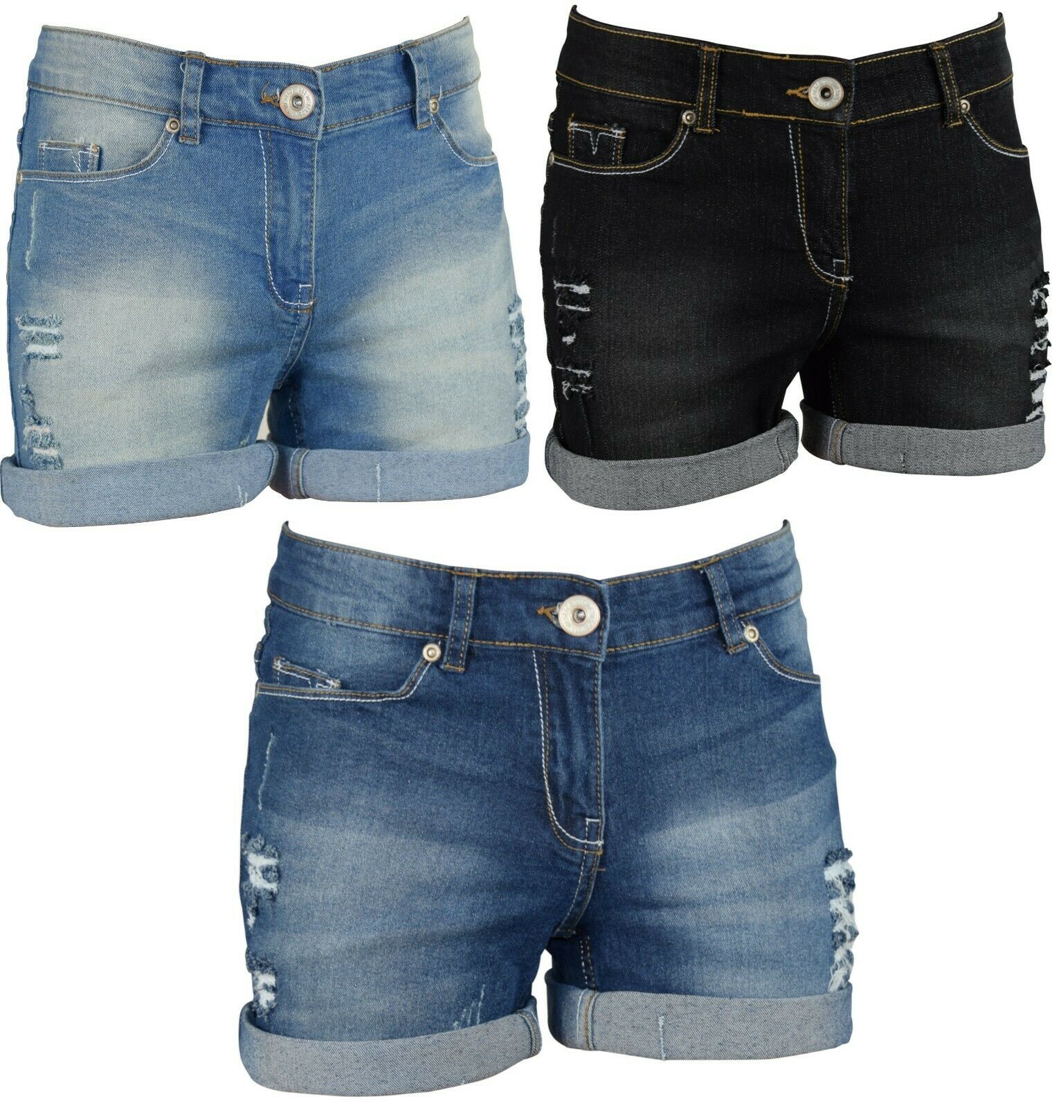 Women's Stretchy Denim Shorts Distressed Jeans Hot Pants Skinny Ripped Turn-up