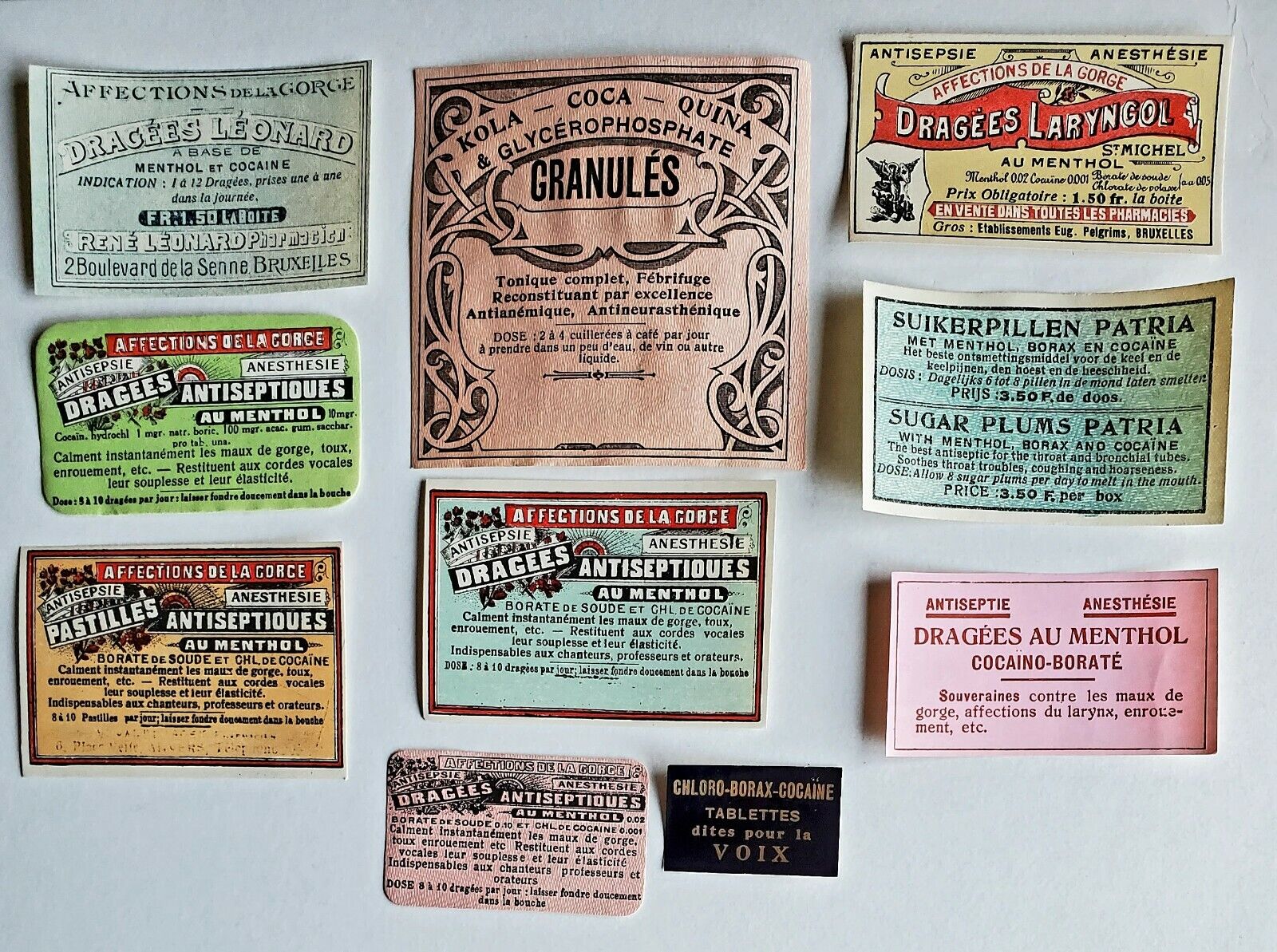 10 Diff. Vintage Old Cocaine Pharmacy Medicine Apothecary Bottle Labels, Belgium