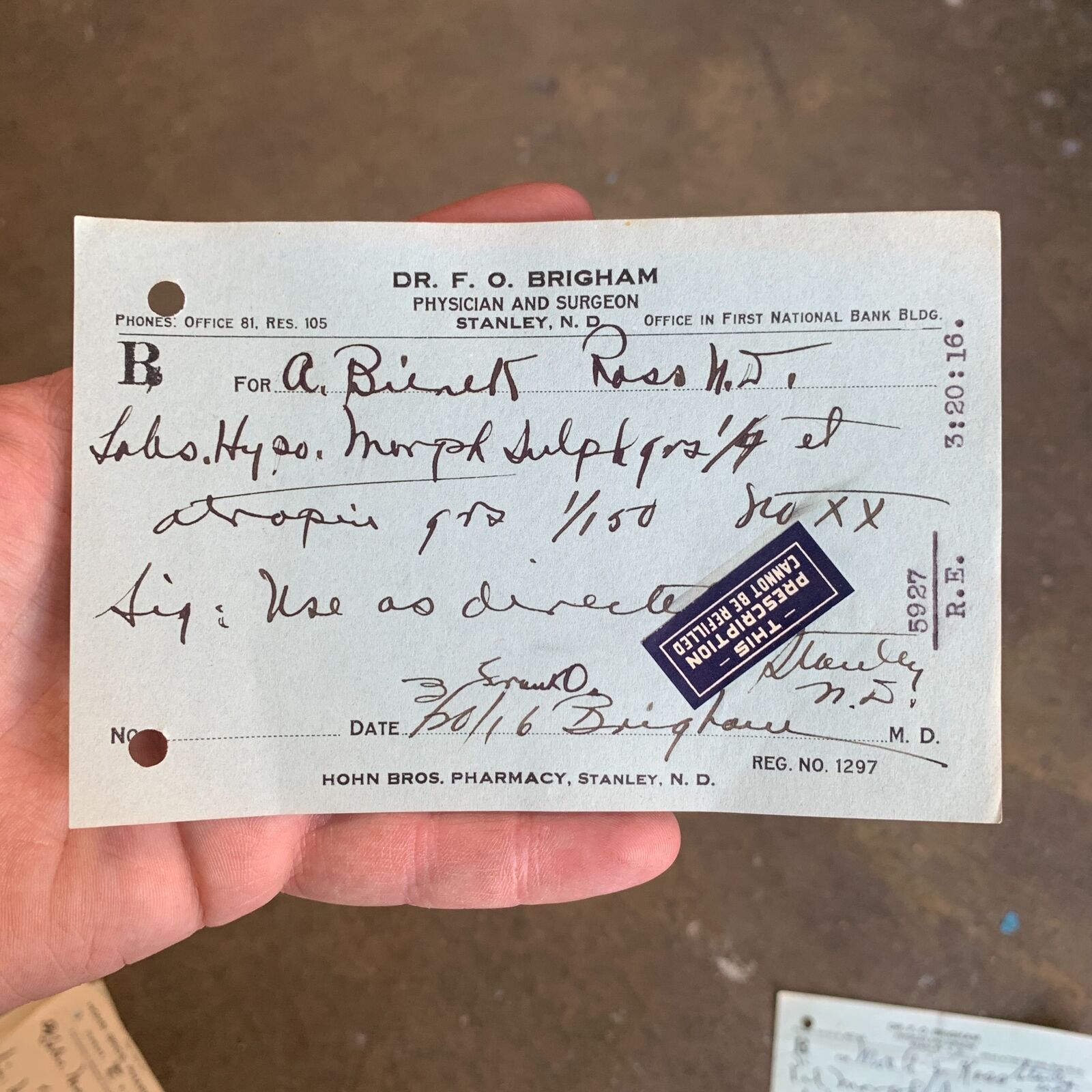 Dr F.o Brigham Stanley Nd North Dakota Handwritten Morphine Prescription 1916
