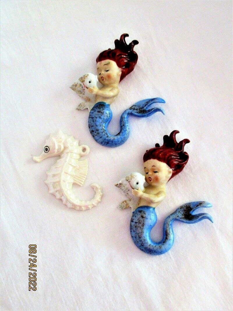 2 Vtg Norcrest Blue Mermaids W Fish & Seahorse Porcelain Wall Plaque Decoration
