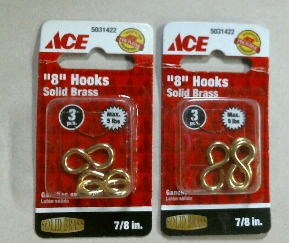 Ace 5031422, 7/8" Solid Brass "8" Hooks, 3 Pieces, Lot Of 2, Free Shipping