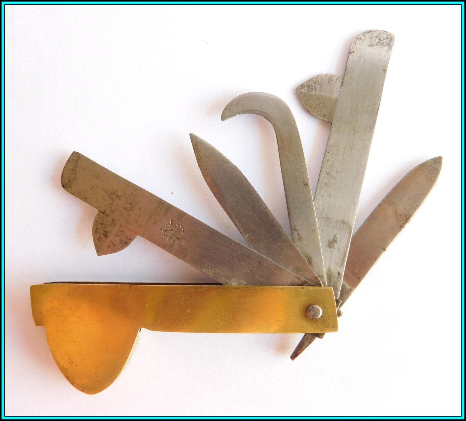 Unusual 18th/19th Century 5 Blades Brass And Steel Folding Fleam Bleeder “t'ger”