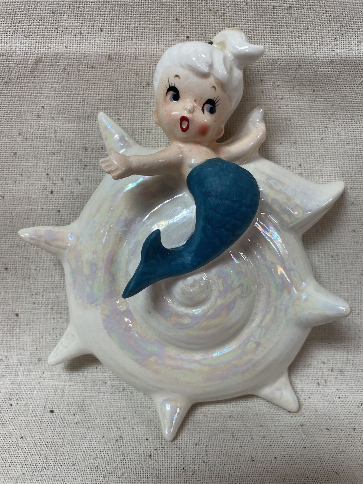 Vintage Lefton Ceramic Wall Art Plaque Mermaid Figurine Opalescent Shell Japan