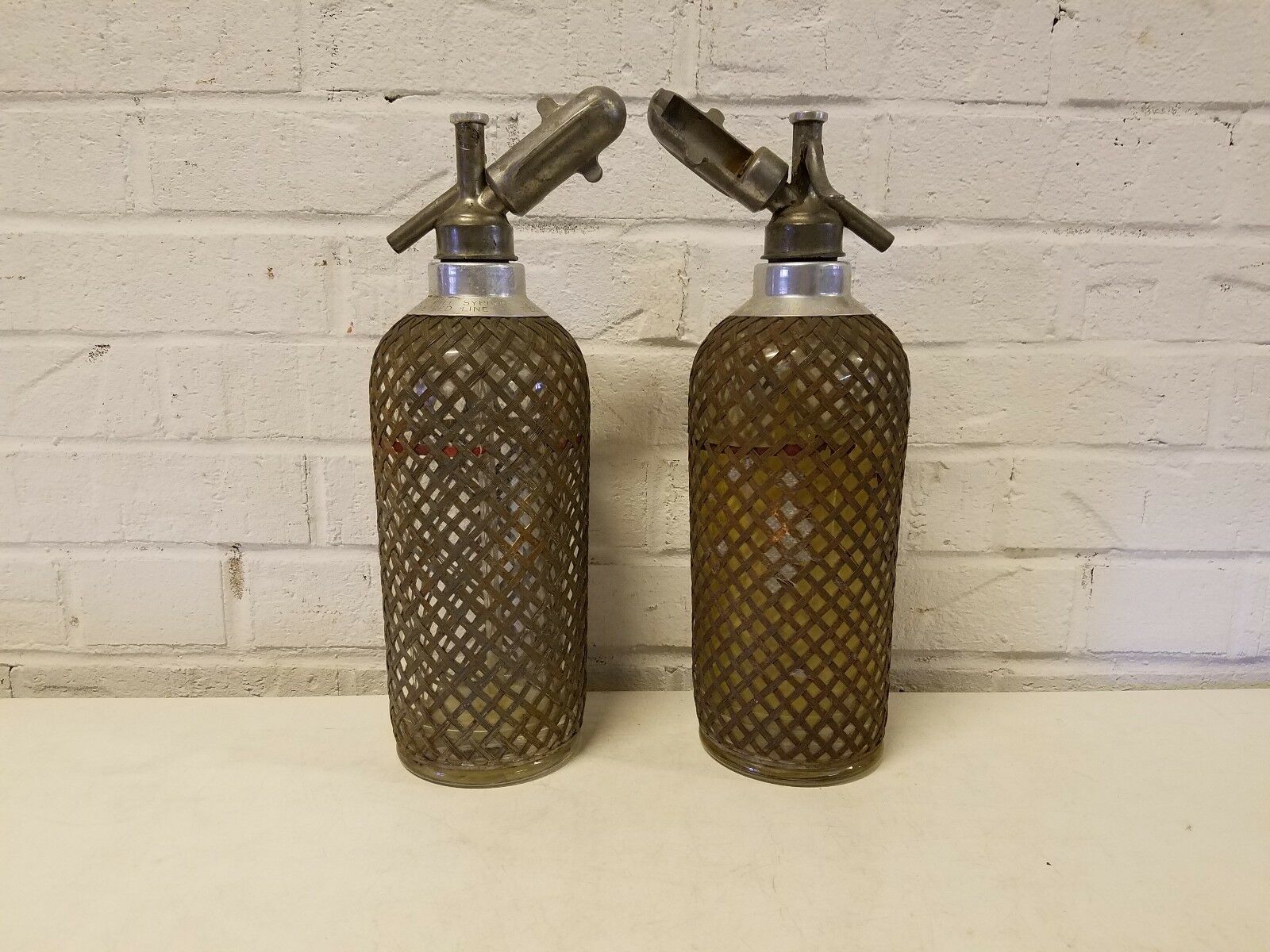 Antique Czech Glass Pair Of Soda / Seltzer Water Spritzers With Metal Mesh