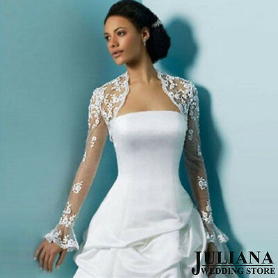 New White And Ivory Long Sleeve Lace Jacket Wedding Bridal Bolero Wrap Shawl