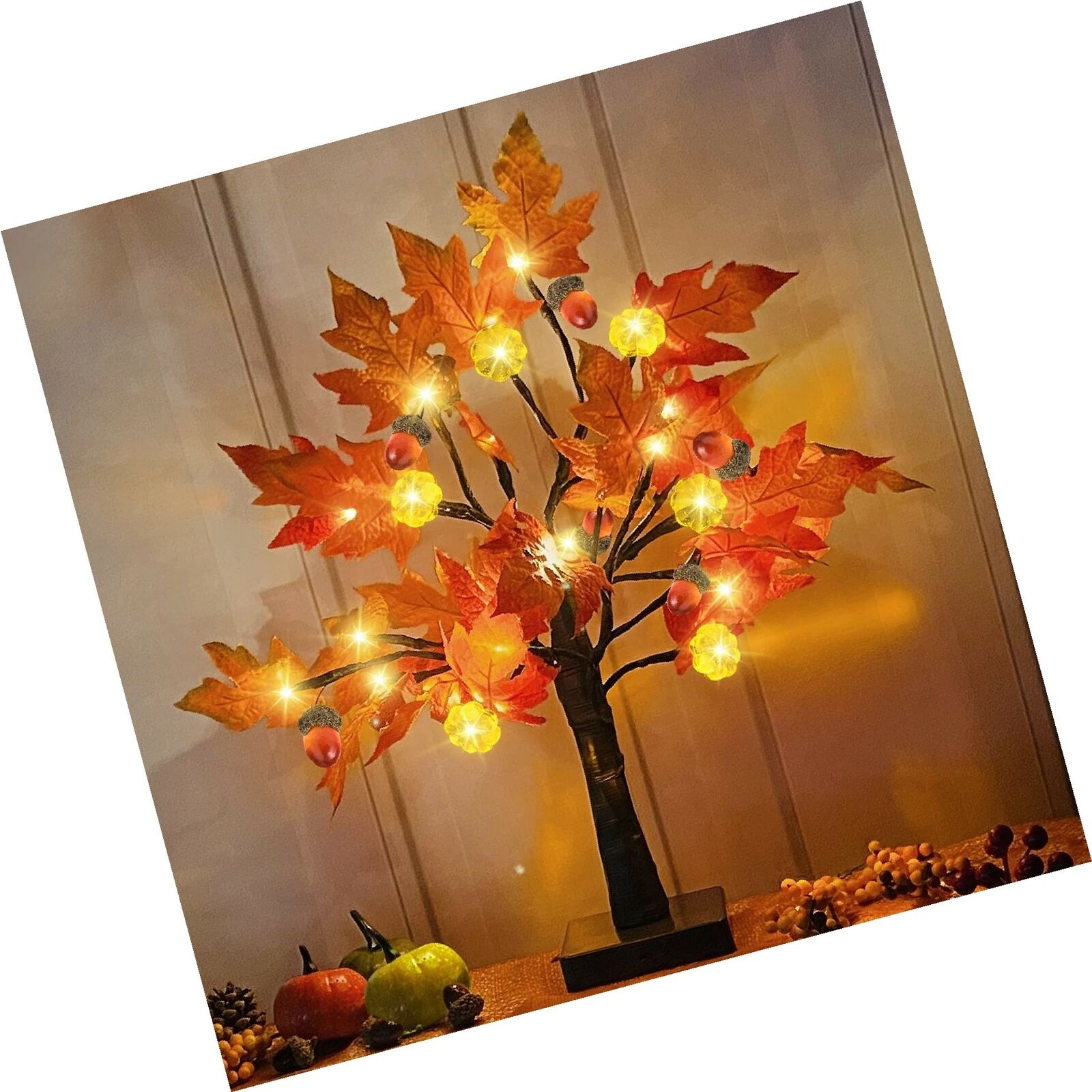 Turnmeon 18 Inch Prelit Tabletop Fall Maple Tree With Timer 18 Lights&6 Pumpk...