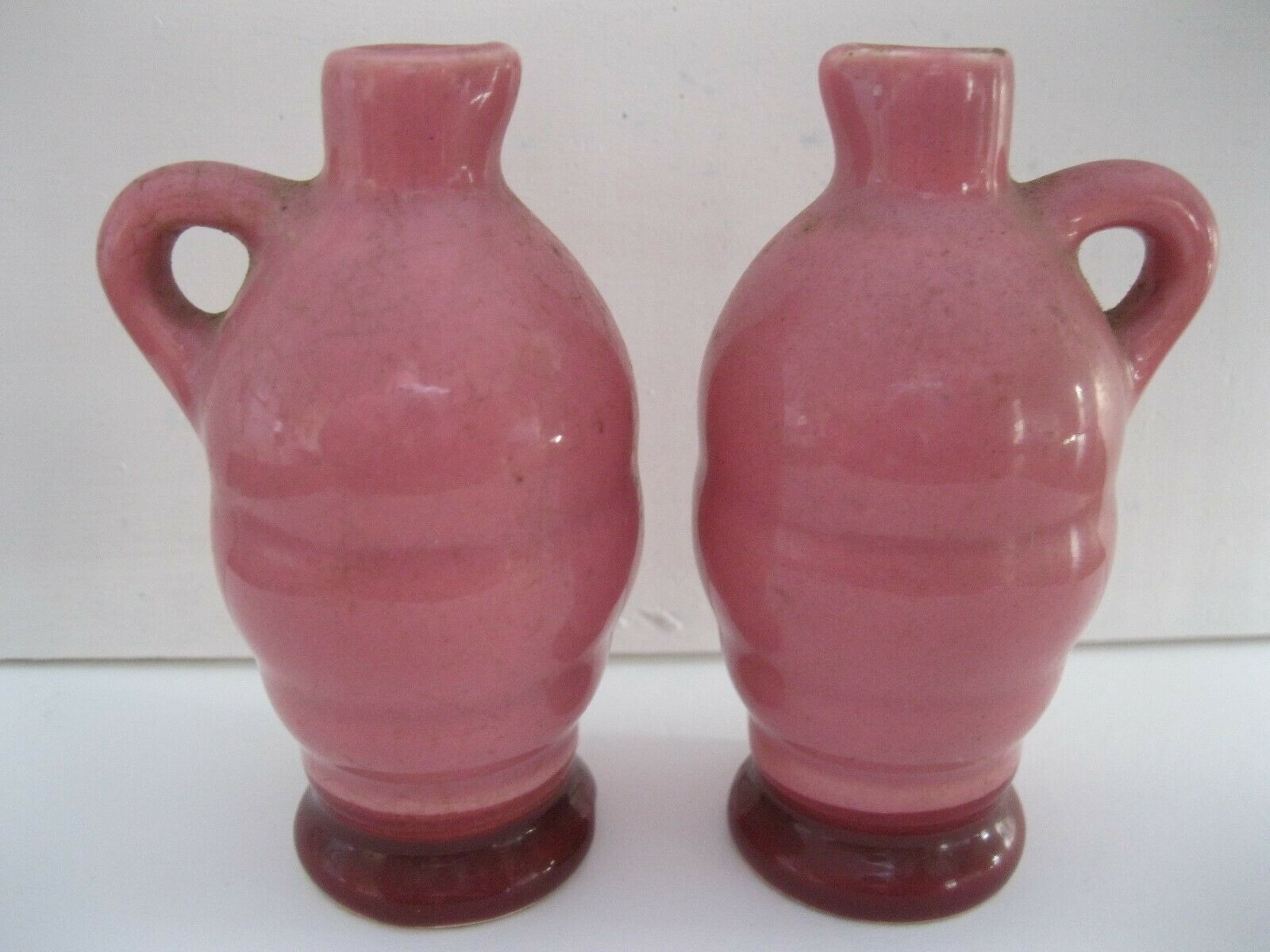 2 Vintage Pottery Stoneware 3 1/2" Miniature Maroon, Mauve Pink Pair Crock Jugs