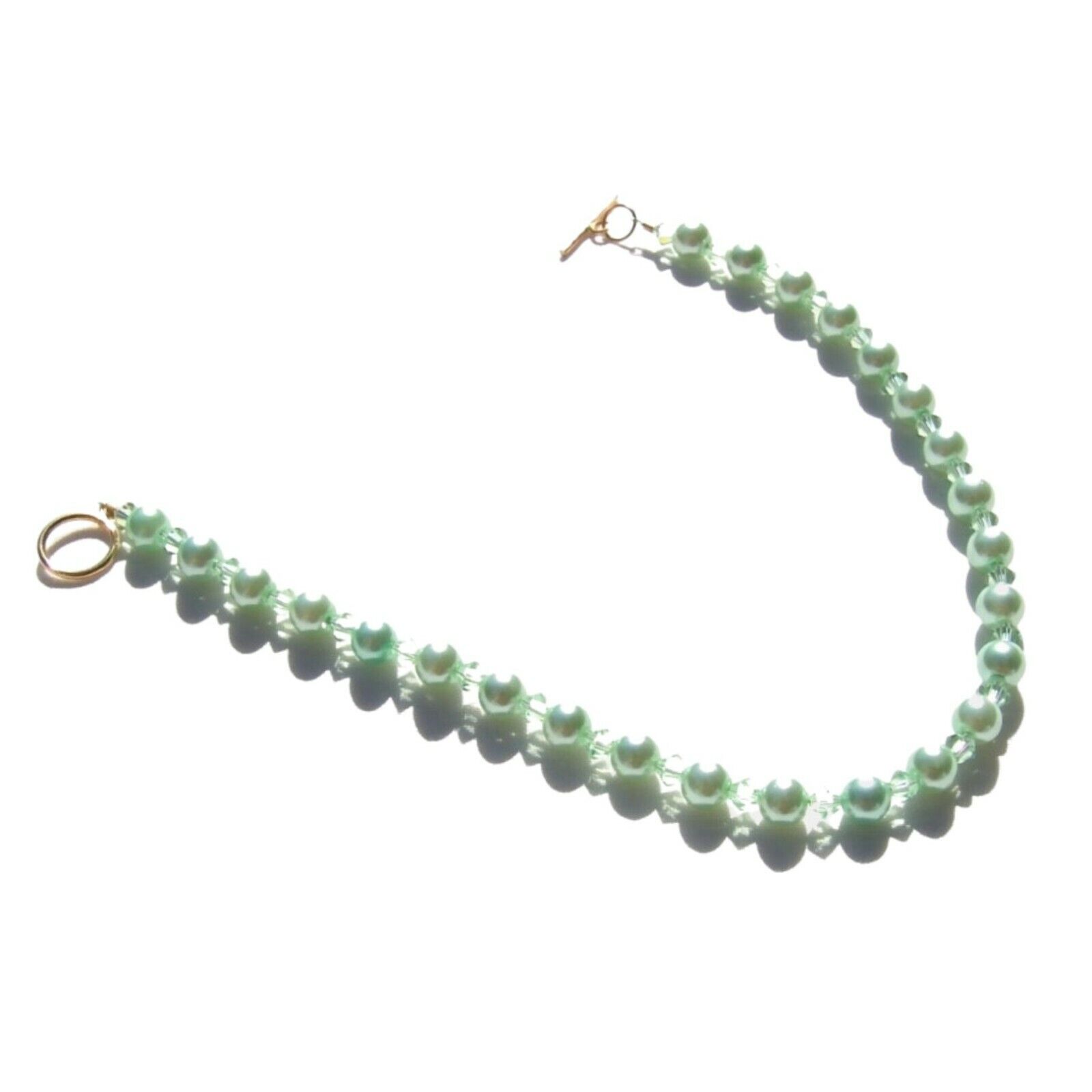 Mint Green Pearls Crystals Beaded Ankle Bracelet 14 Karat Gold Anklet Size 9