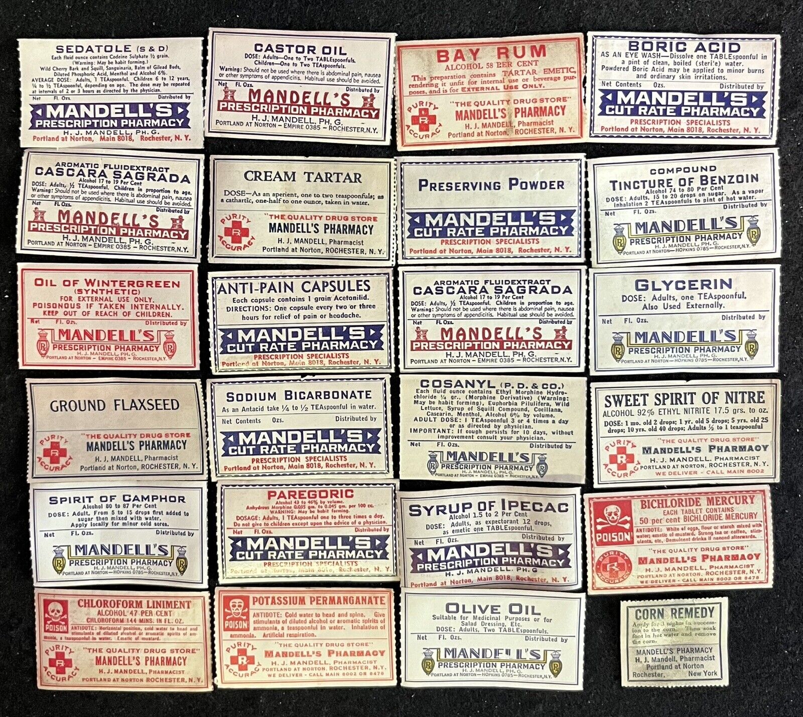 24 Assorted Vintage Drug Labels Mandell’s Pharmacy Rochester Ny
