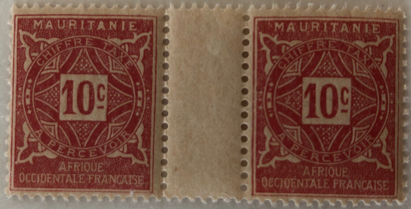 1914 Mauritania Postage Due Gutter Pair | Sc #j10 Mi #p10 | Mnh Og