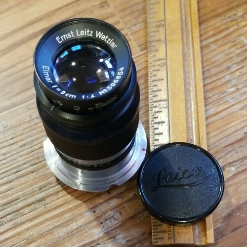 1943 Leica Elmar  - Black Camera Lens 9cm 1:4 1943 596654 M39 W/m Adapter