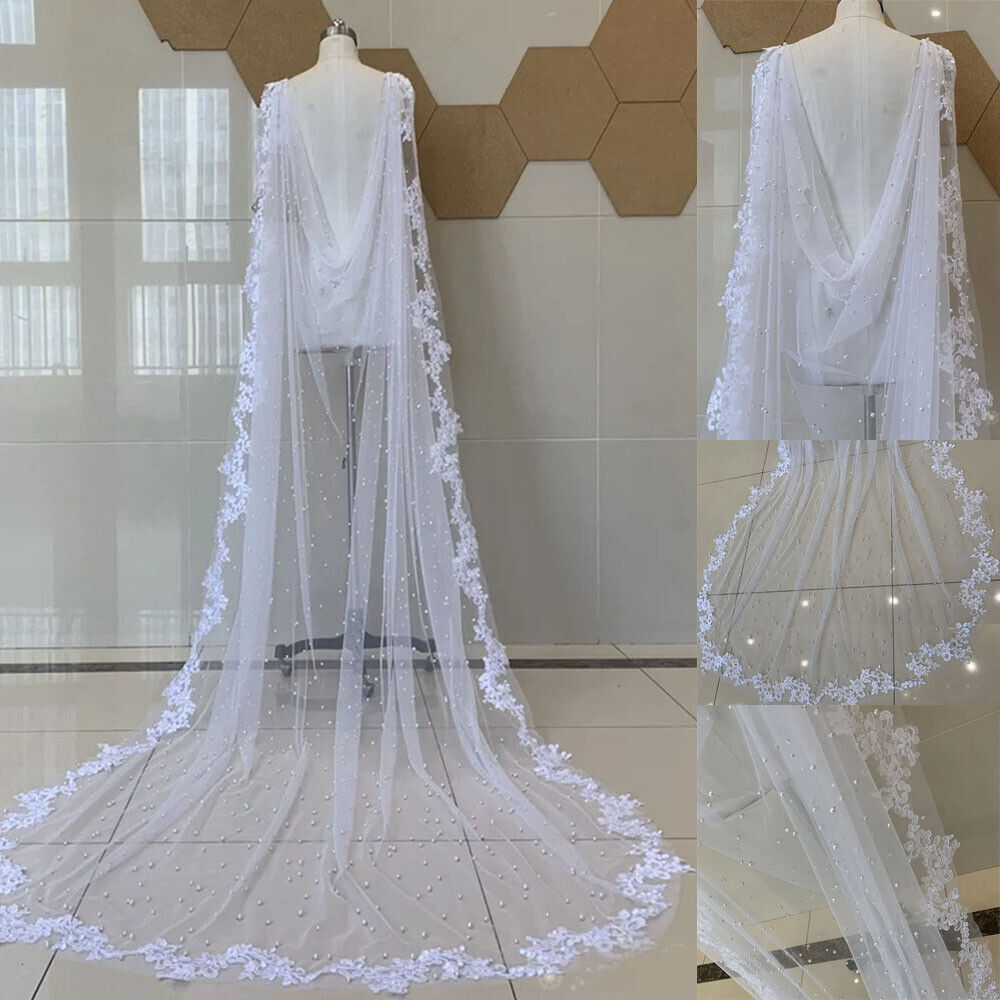 White Ivory Wedding Capes Lace Appliques Pearls Wedding Shoulder Veils 3m 4m