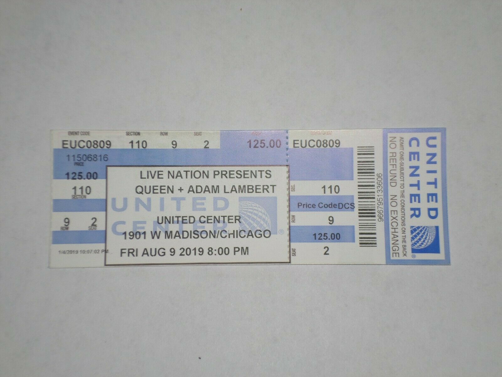 Queen & Adam Lambert Concert Ticket Stub-2019-united Center-chicago,il