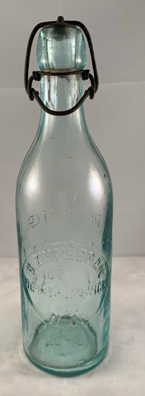 Antique Green Glass B. Zimmerman Bottle With Metal Cap, New Brunswick, Nj