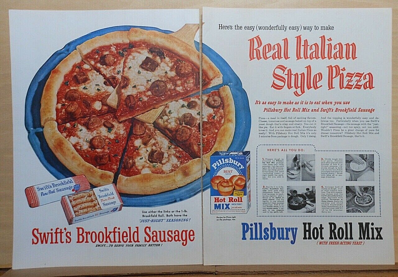 1954 Two Page Magazine Ad For Pillsbury Roll Mix -  Italian Style Pizza Recipe
