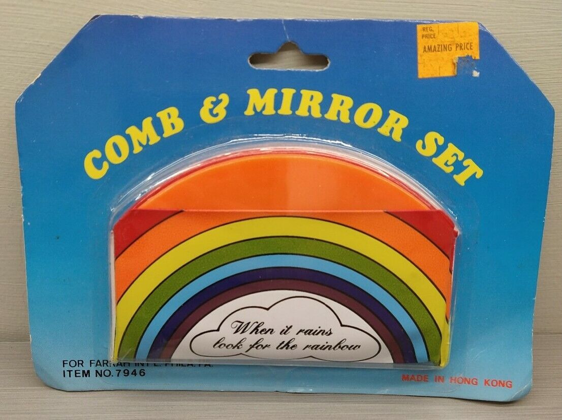 Vintage- Comb & Mirror Set "when Look For The Rainbow" Hong Kong