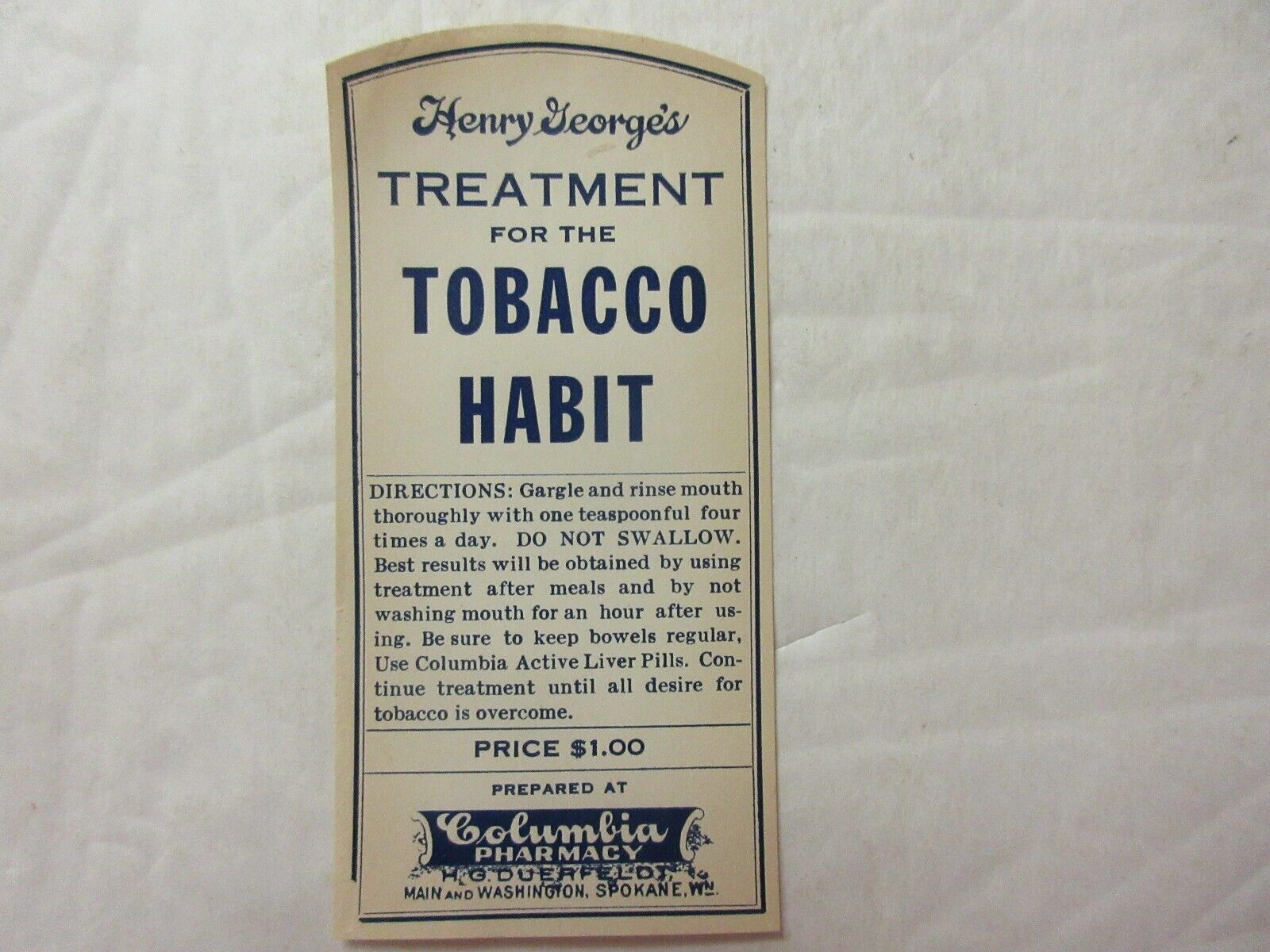 Old Tobacco Habit  Pharmacy-medicine Label =4"x 2" Old And Original Not Repro